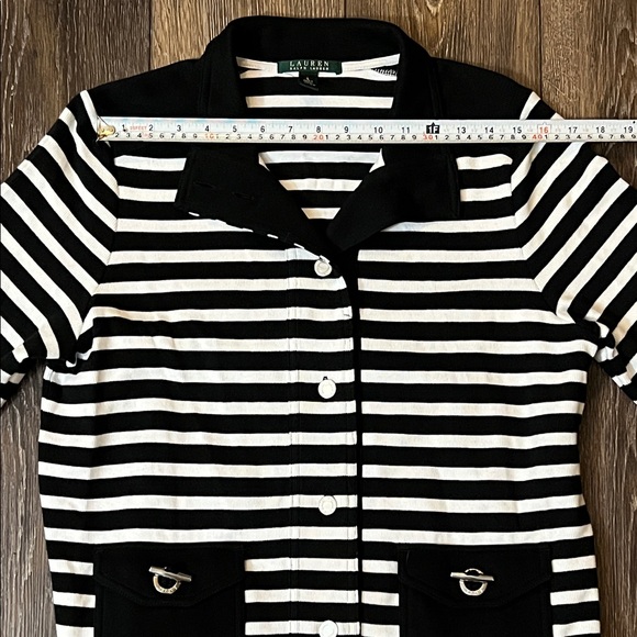 Lauren Ralph Lauren Striped Cardigan Sweater Silver Buttons Black Coastal Large - Picture 10 of 13